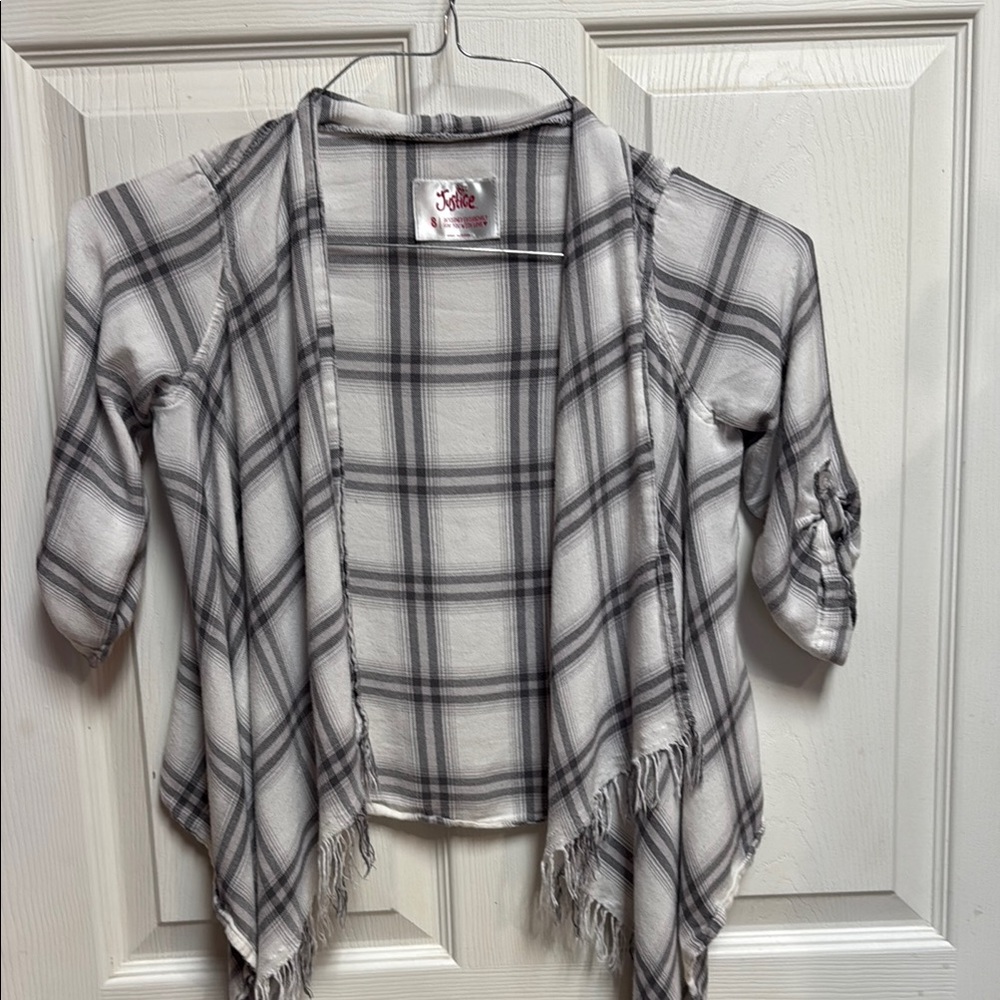 Justice Gray Plaid Open Front Cardigan